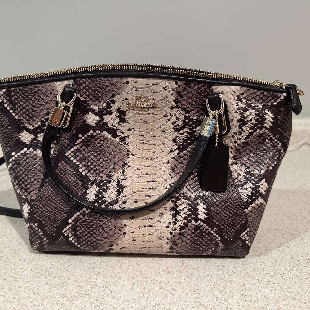 Coach Snake Print Kelsey Satchel Bag - Black and Cream